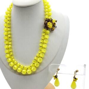 Yellow Moonglow Beaded Necklace & Earrings Eugene Schultz Rhinestone Vintage 40s